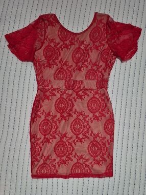 Charlotte Russe Red Lace Short Sleeve Mini Dress